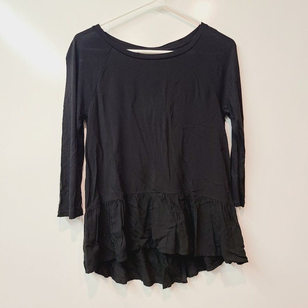 LOFT Shirt Black Long Sleeve Ruffle Trim Womens Extra Small